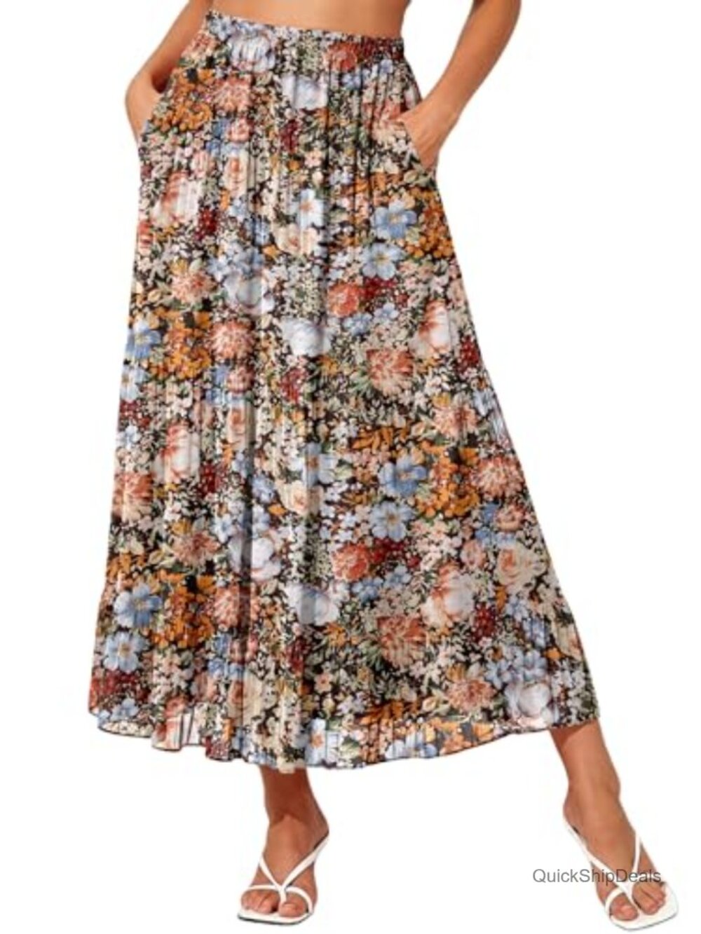 Elastic High Waist Chiffon Boho Maxi Skirt with Pockets